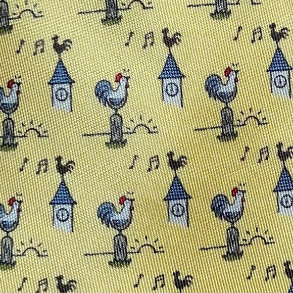 Hermes Mens Silk Necktie Bright Yellow Rooster 6 o' Clock Sunrise Print … - Picture 6 of 9